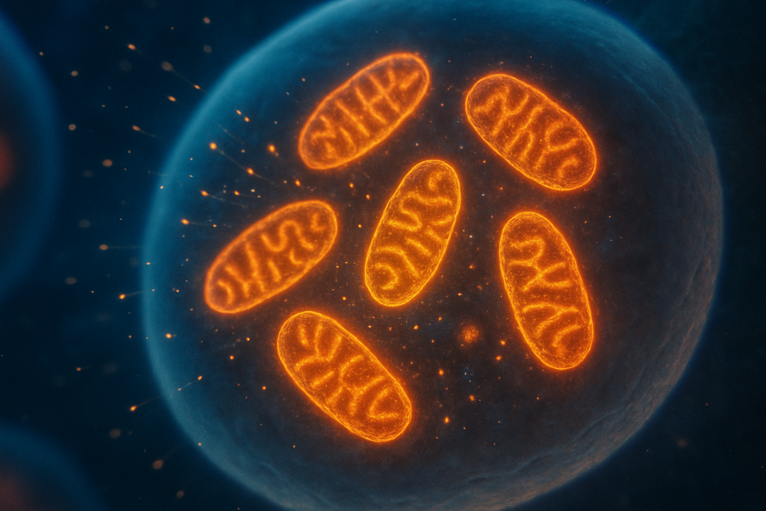 Abstracte visualisatie van mitochondriale energieproductie, centraal in de rol van NAD⁺ bij sportprestaties