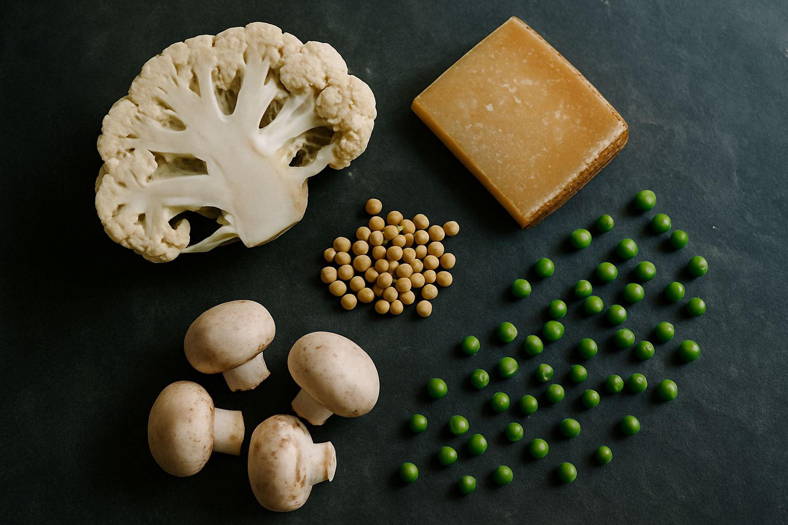 Bovenaanzicht van voedingsmiddelen met spermidine zoals bloemkool, kaas, sojabonen en paddenstoelen