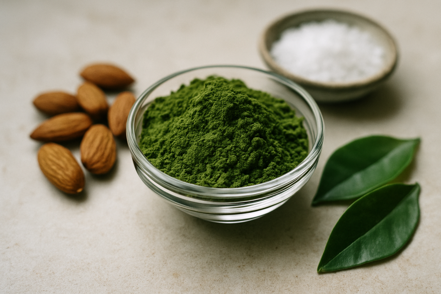 Close-up van matcha poeder omringd door voedingsingrediënten die de voedingsstoffen in matcha symboliseren