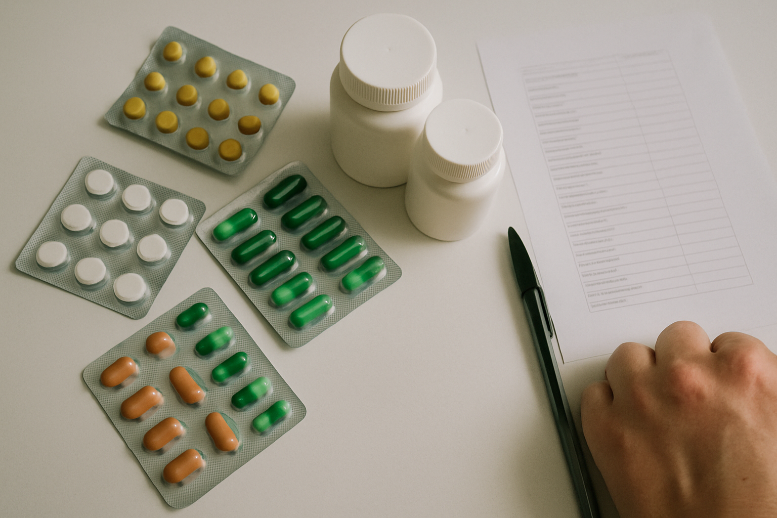 Diverse medicijnen en supplementen naast een lijst — resveratrol interacties met medicatie