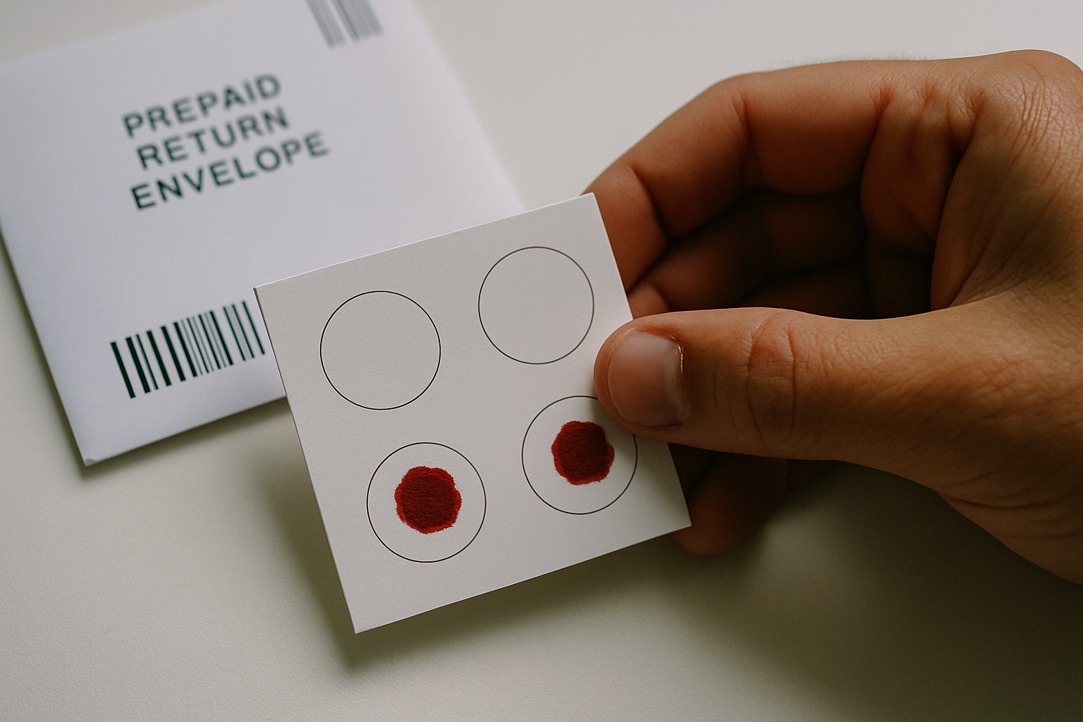 Droogbloedkaart met bloeddruppels voor NAD+ thuistest per post naar laboratorium