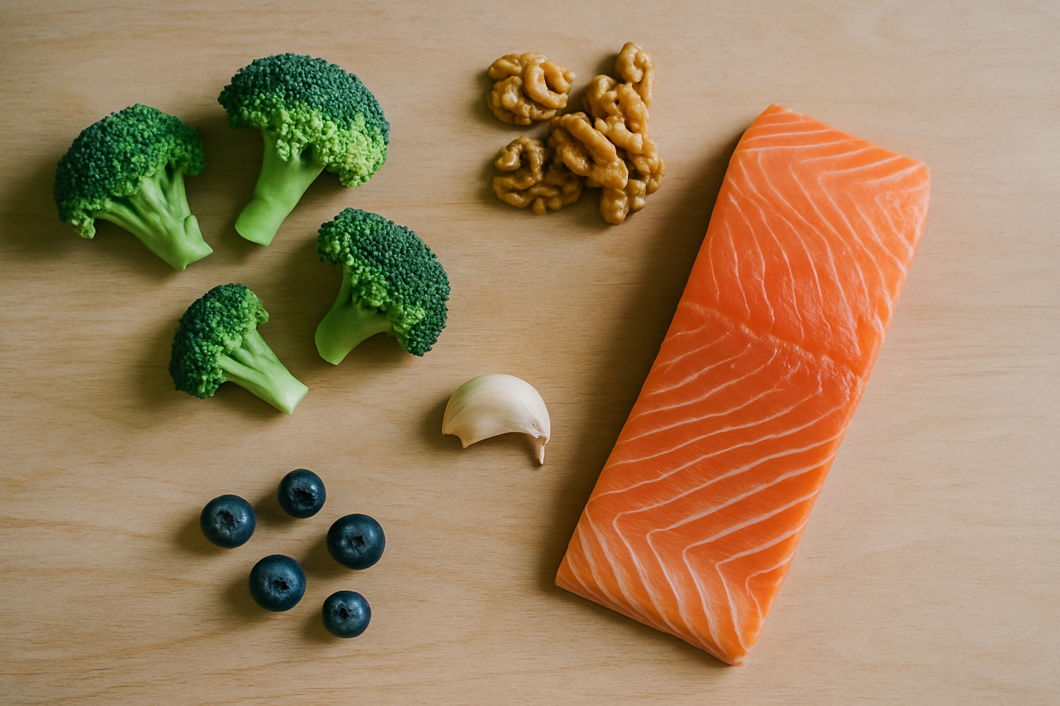 Gezonde voeding zoals zalm, broccoli en walnoten die je biologische leeftijd positief beïnvloeden
