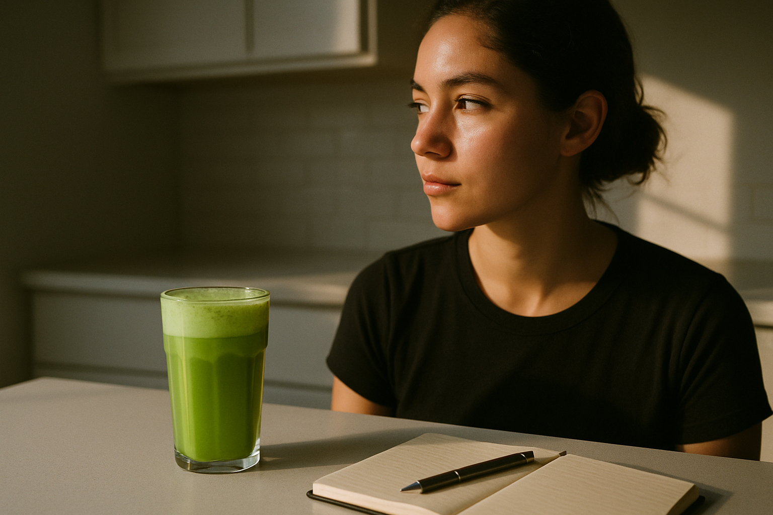 Glas schuimige groene matcha latte op een aanrecht in ochtendlicht, symbool voor de voordelen van matcha