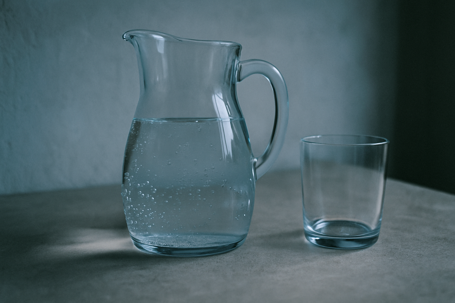 Glazen karaf met helder water op stenen aanrecht als symbool voor een watervastenkuur