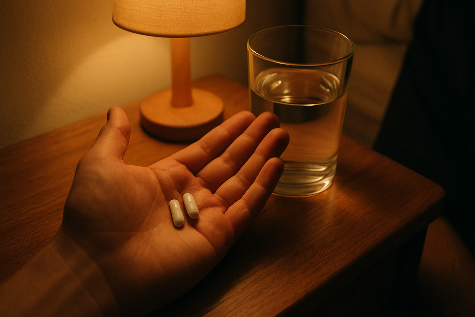 Hand met NMN-capsules naast een glas water op nachtkastje, verband tussen supplement en slaap