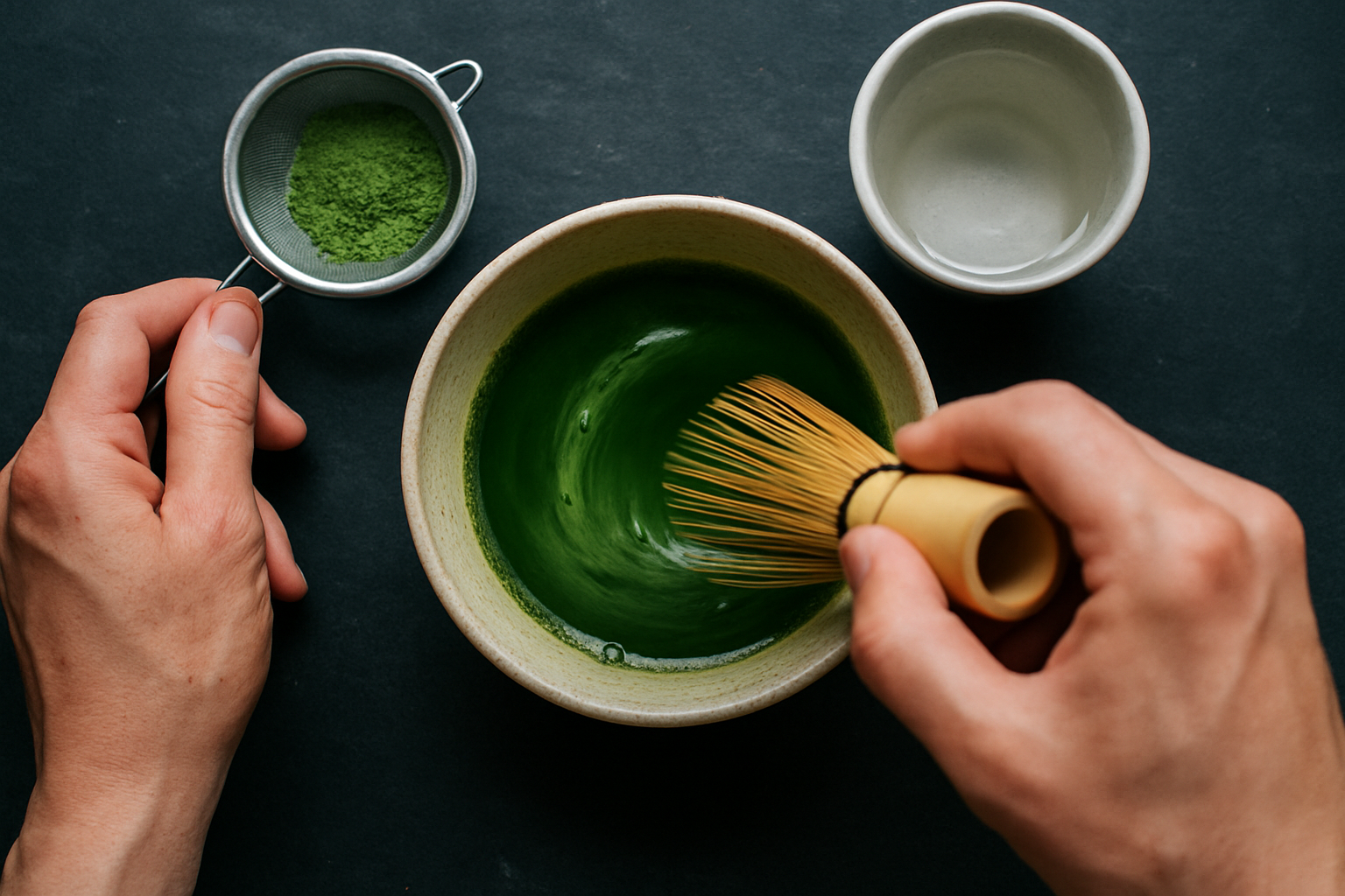 Handen die matcha klaarmaken met een bamboeklopper in een keramische kom, gezien van bovenaf