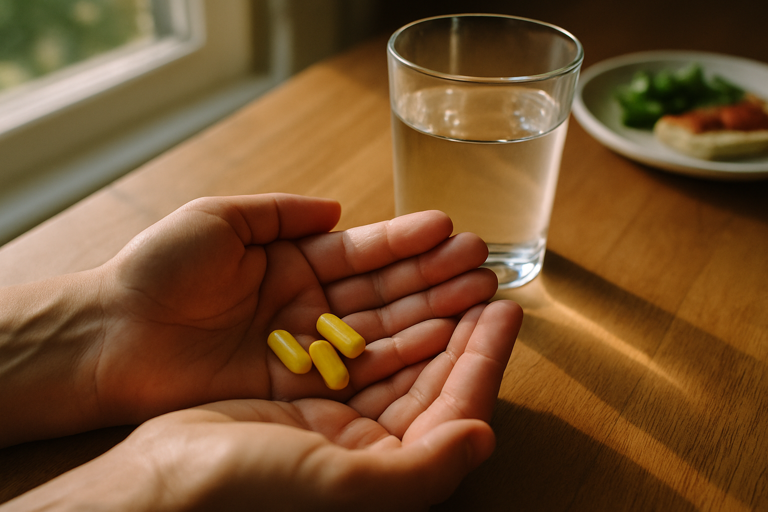 Handen houden berberine capsules vast naast glas water op keukenblad, klaar voor dagelijkse inname