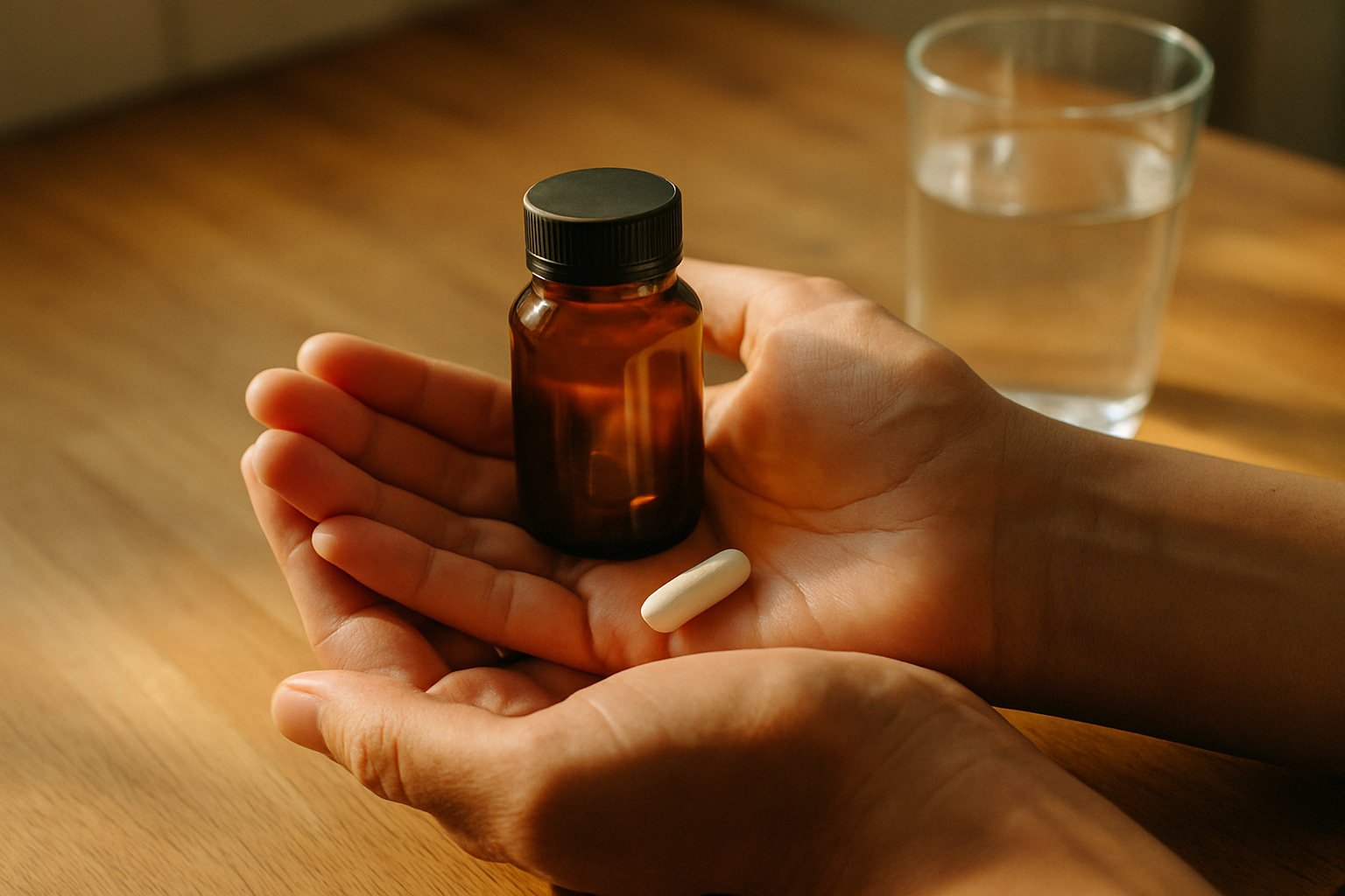 Handen houden een spermidine supplement vast naast een glas water op een houten aanrecht