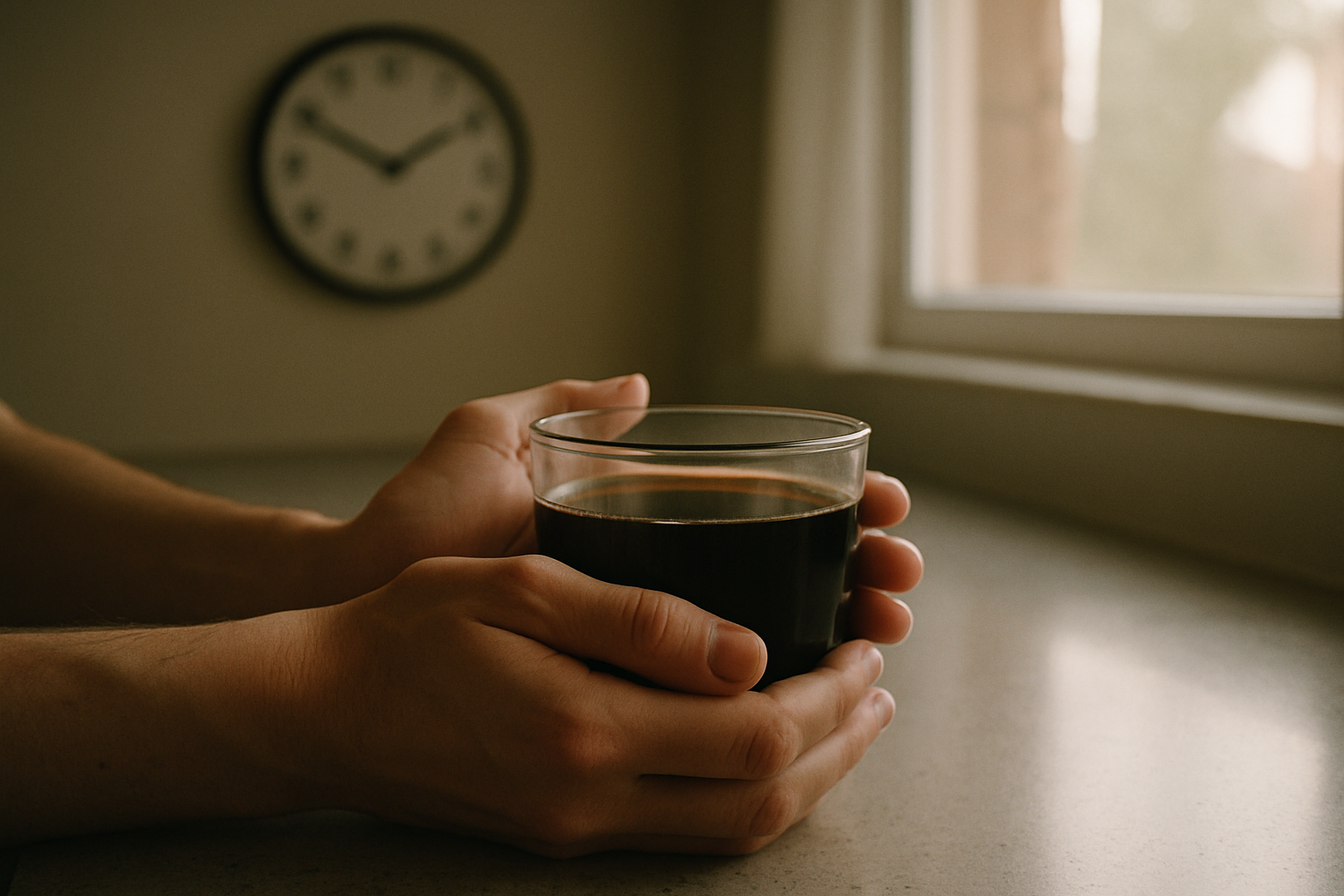 Handen met een kop zwarte koffie tijdens intermittent fasting in de ochtend