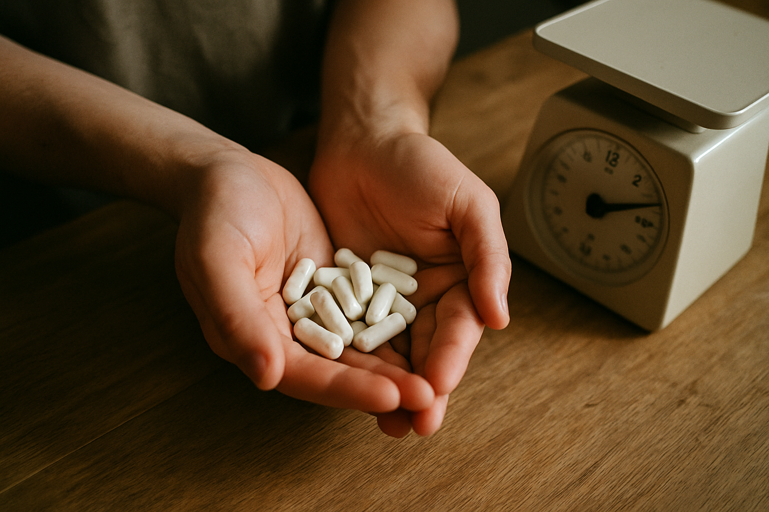 Handen met NMN capsules naast een weegschaal die de juiste dosering in milligram weergeeft