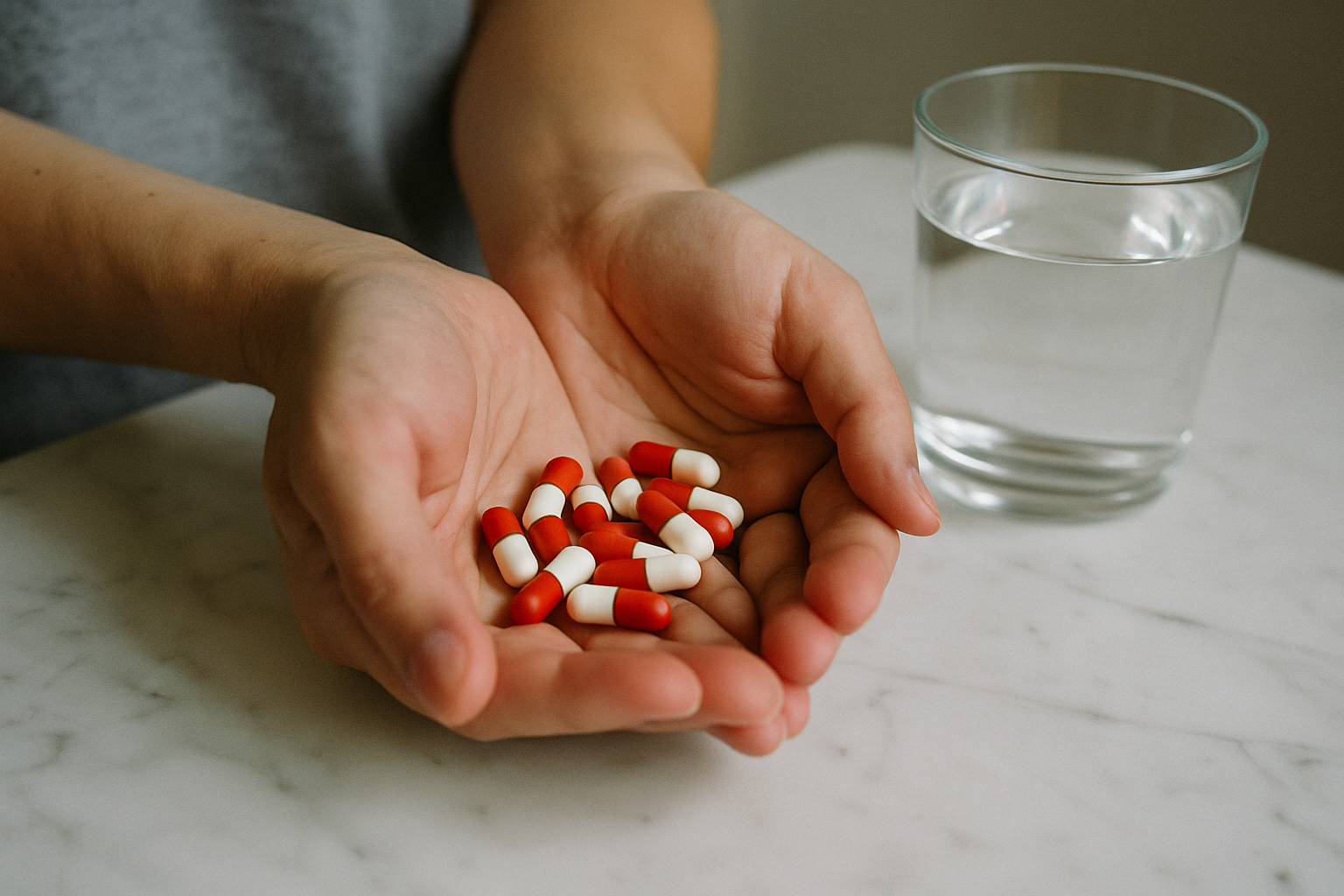 Handen met resveratrol capsules naast een glas water — bijwerkingen dosering overzicht