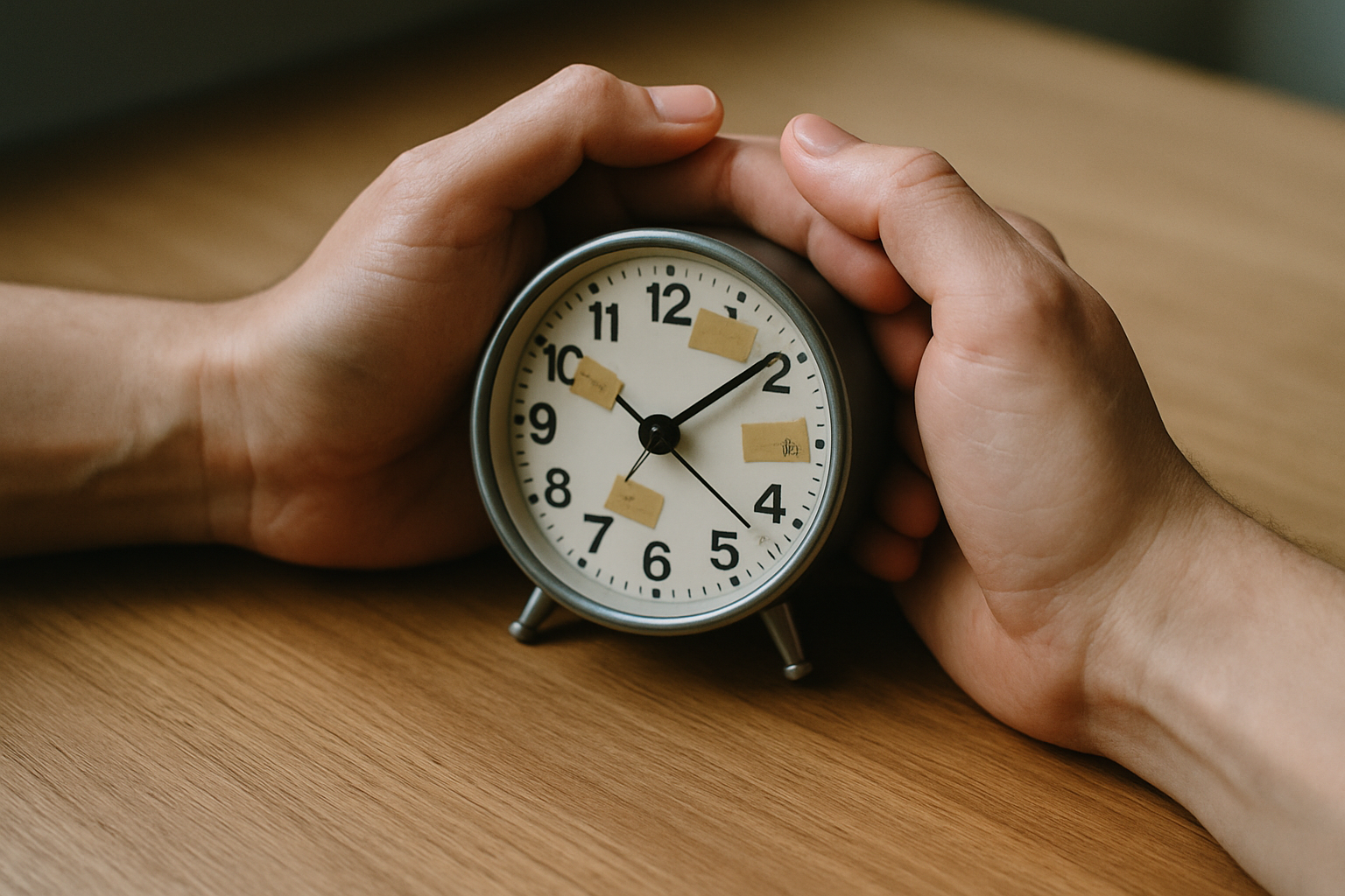Handen rond een klok die de eetvensters en vastenperiodes van intermittent fasting symboliseren