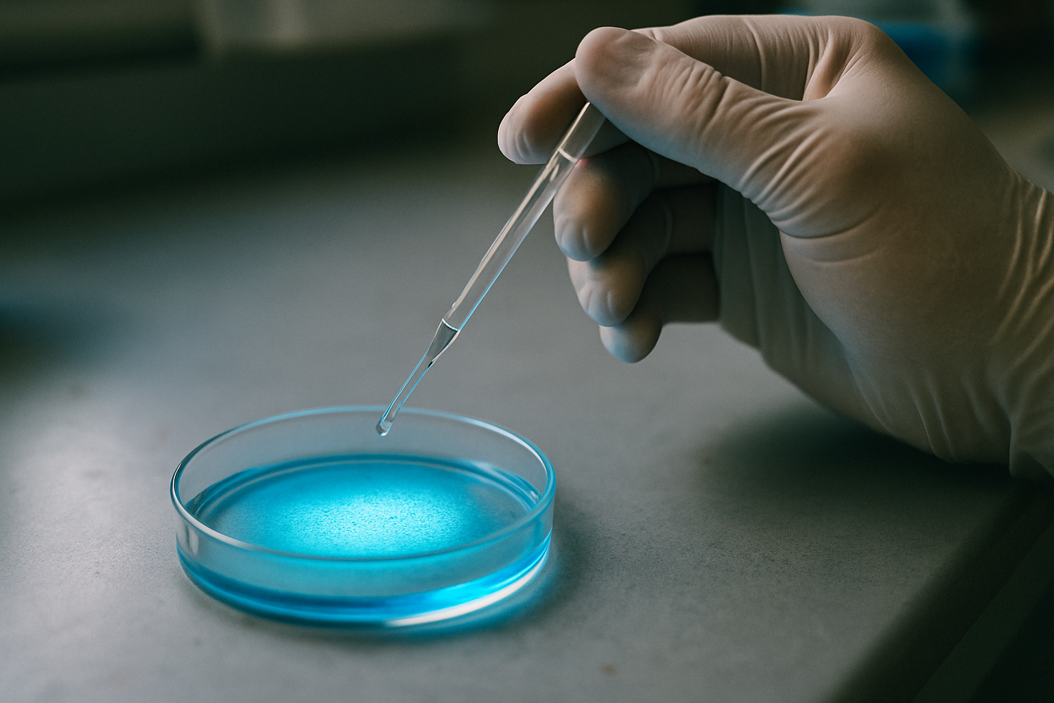 Laboratoriumopstelling met petrischaal en pipet die celbiologisch onderzoek naar sirtuïnes weergeeft