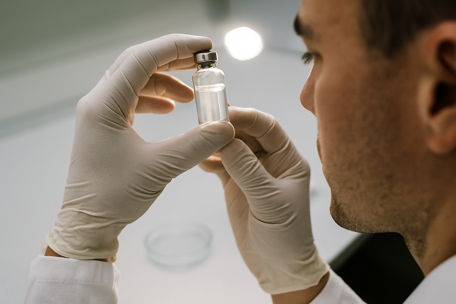 Laboratoriumtest voor zuiverheid van NMN supplement in een glazen flesje onder fel licht
