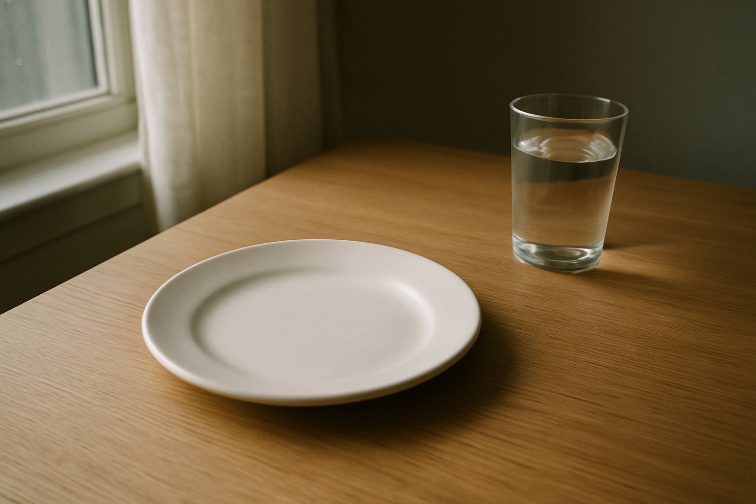 Leeg bord en glas water op houten tafel als symbool voor periodiek vasten en autofagie