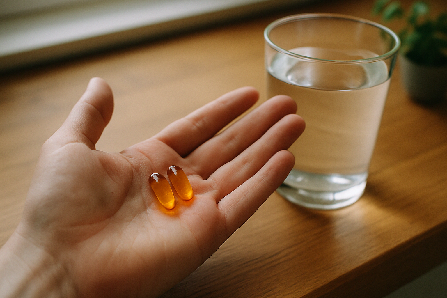 Longevity supplementen in de hand naast een glas water op een houten keukenblad