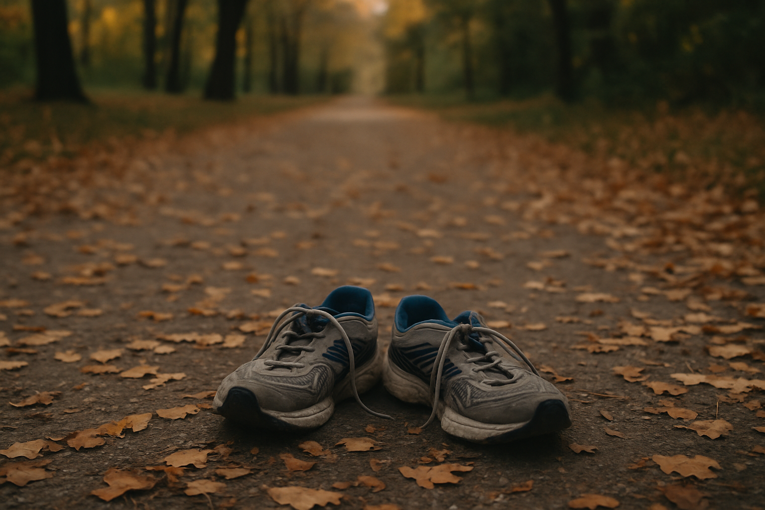 Loopschoenen op een herfstpad als symbool voor dagelijkse beweging en een lagere biologische leeftijd