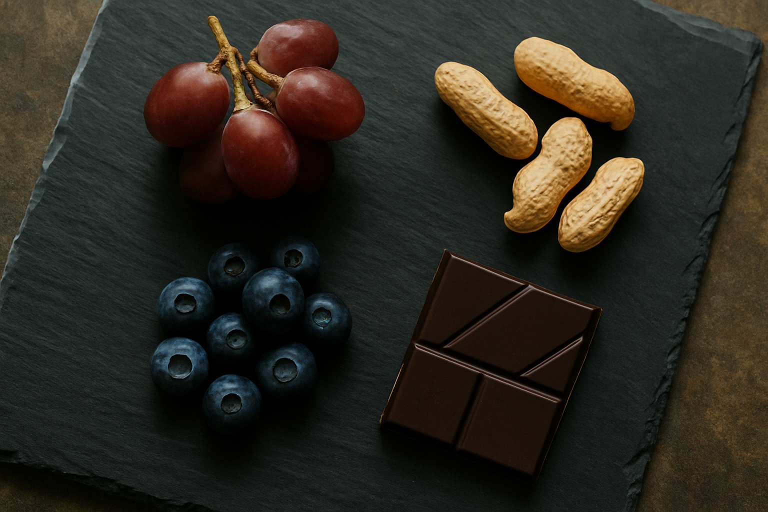 Natuurlijke bronnen van resveratrol: druiven, bosbessen, pure chocolade en pinda's