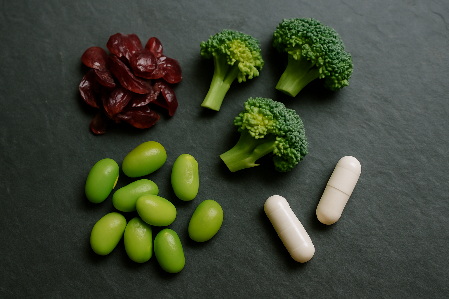 Natuurlijke NMN-bronnen zoals druiven en broccoli naast supplementen voor synergie met resveratrol