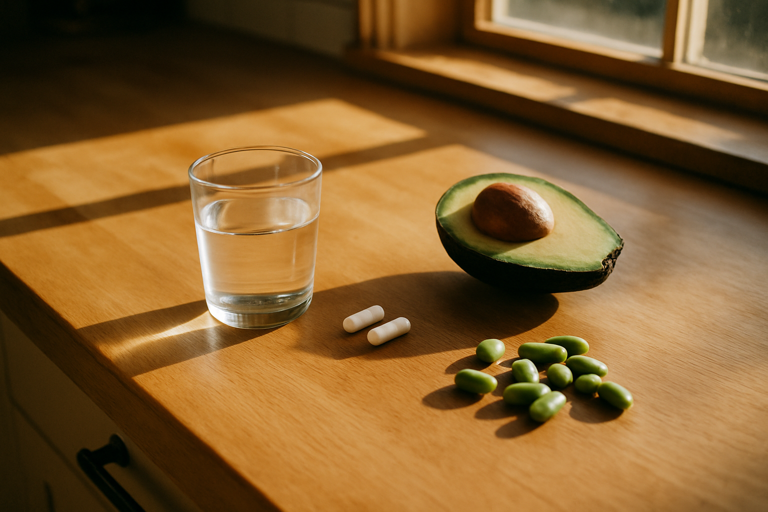 NMN capsules met gezonde voeding op aanrecht als praktische tip voor dagelijkse dosering