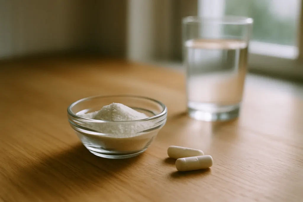NMN dosering: poeder en capsules op een houten aanrecht in ochtendlicht
