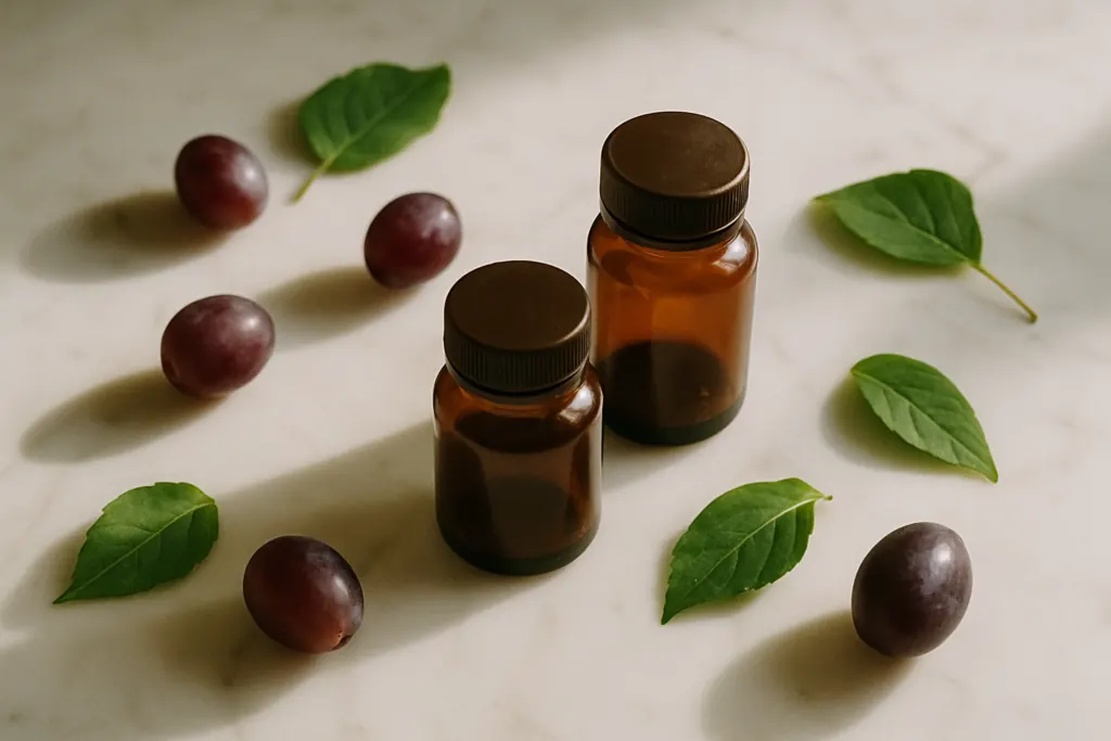 NMN en resveratrol supplement stack op marmeren ondergrond met druiven en groene bladeren