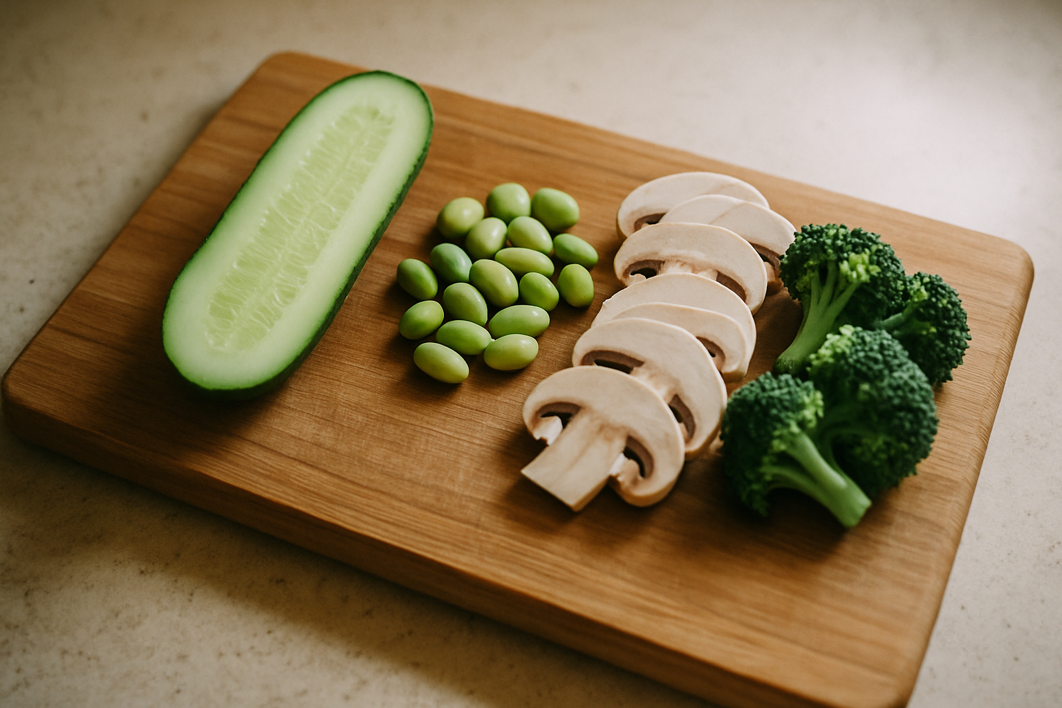 NMN in voeding zoals komkommer, edamame, paddenstoelen en broccoli op een houten snijplank