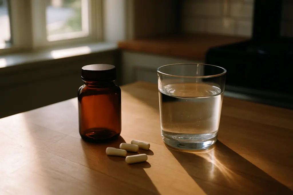 NMN kopen in Nederland: supplement capsules op een houten aanrecht in ochtendlicht