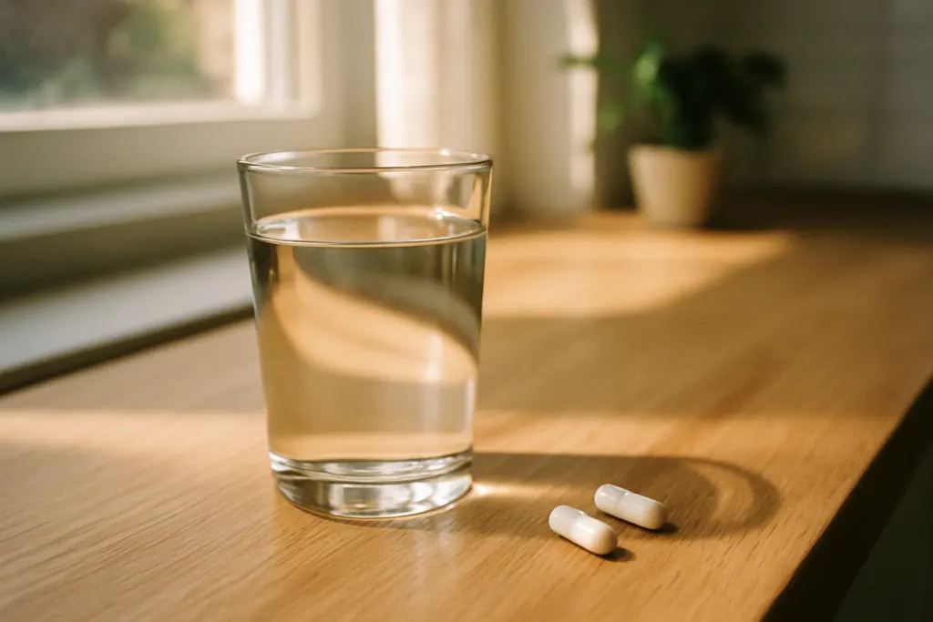NMN supplement capsules op een houten aanrecht in ochtendlicht — wat is NMN?