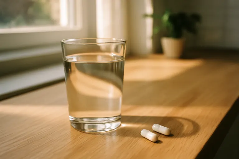 NMN supplement capsules op een houten aanrecht in ochtendlicht — wat is NMN?