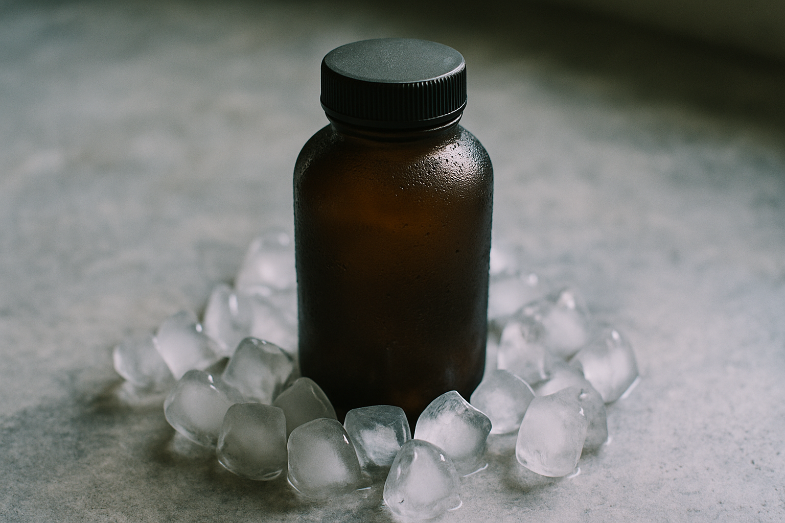 NMN supplement in donkere fles op koele ondergrond, illustratie van gevoeligheid voor temperatuur