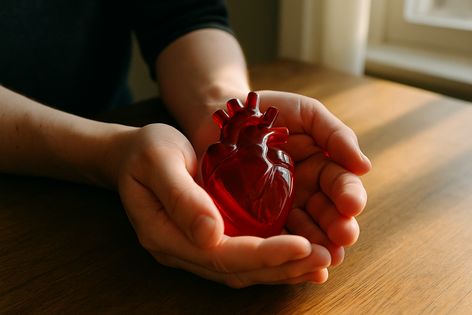 Omega 3 ondersteunt de hartgezondheid, gesymboliseerd door een glazen hart in twee handen
