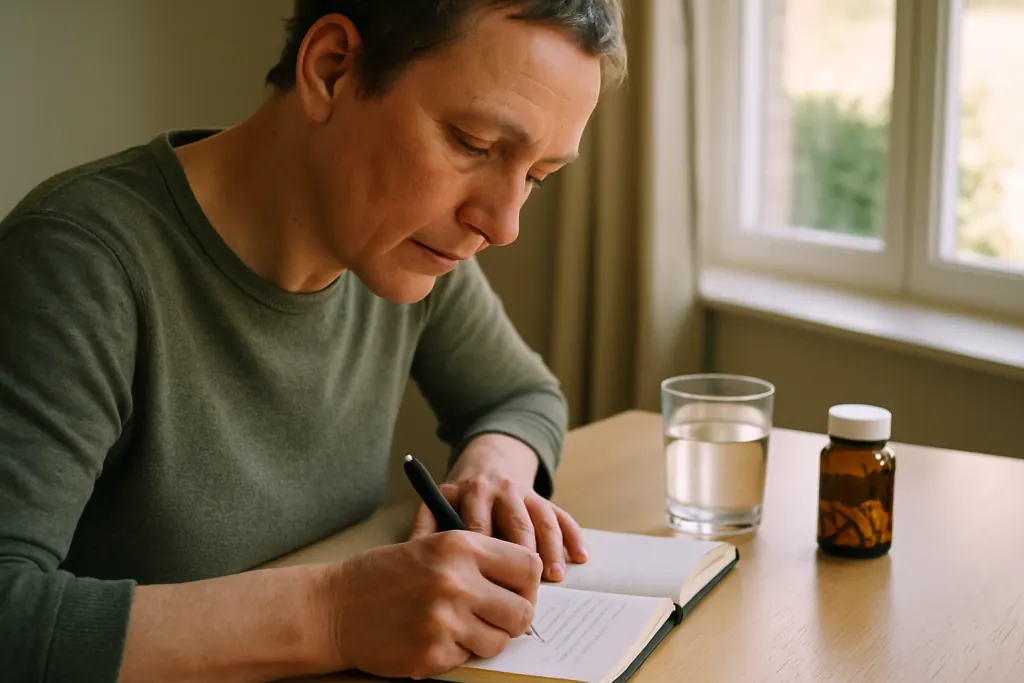 Persoon houdt een energie-logboek bij tijdens NMN suppletie om resultaten na 90 dagen te meten