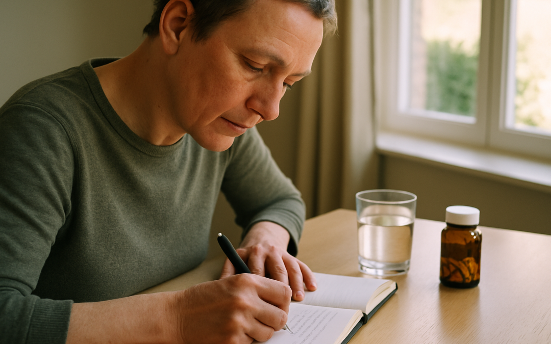 Persoon houdt een energie-logboek bij tijdens NMN suppletie om resultaten na 90 dagen te meten