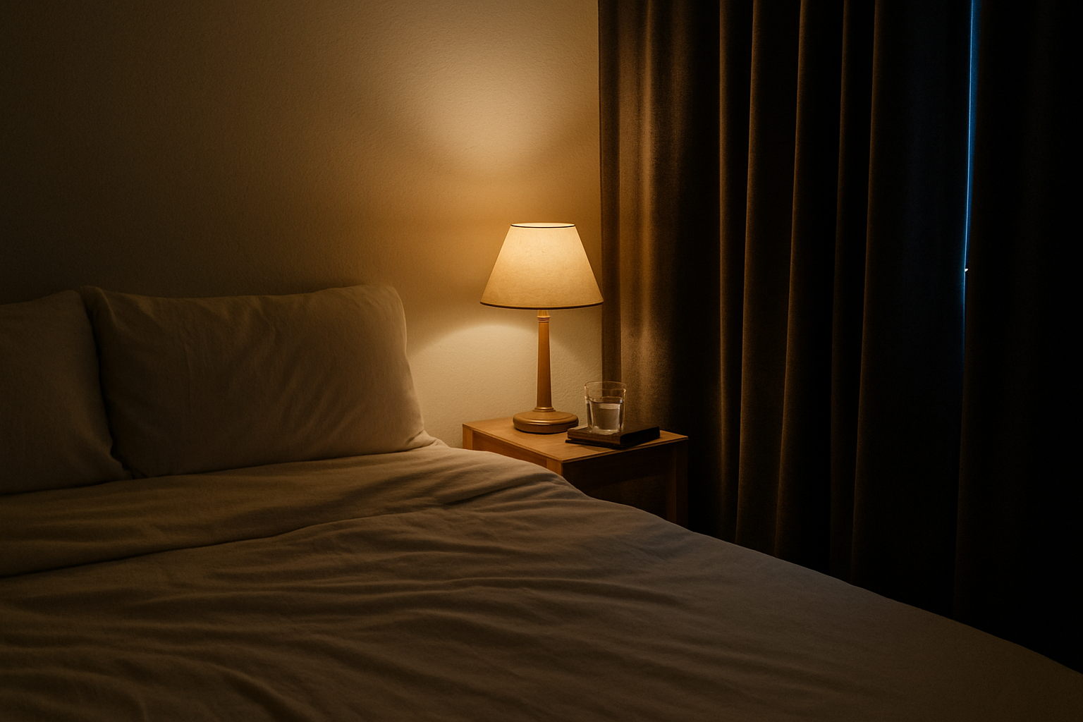 Rustige slaapkamer met wit beddengoed en nachtlampje voor optimale slaap en NAD+ herstel