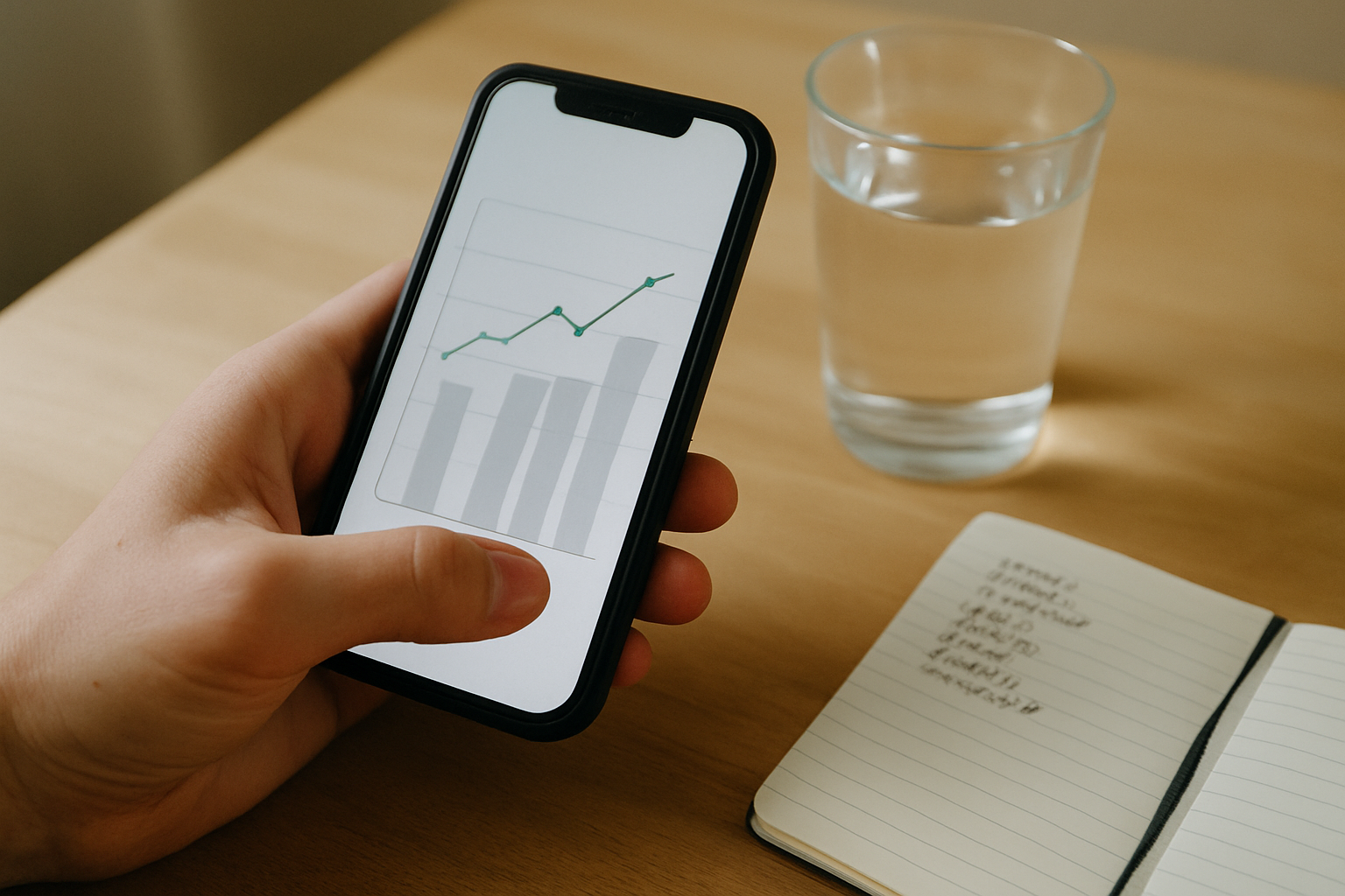 Smartphone met voortgangsgrafieken naast een voedingsdagboek om het effect van gezonde voeding te meten