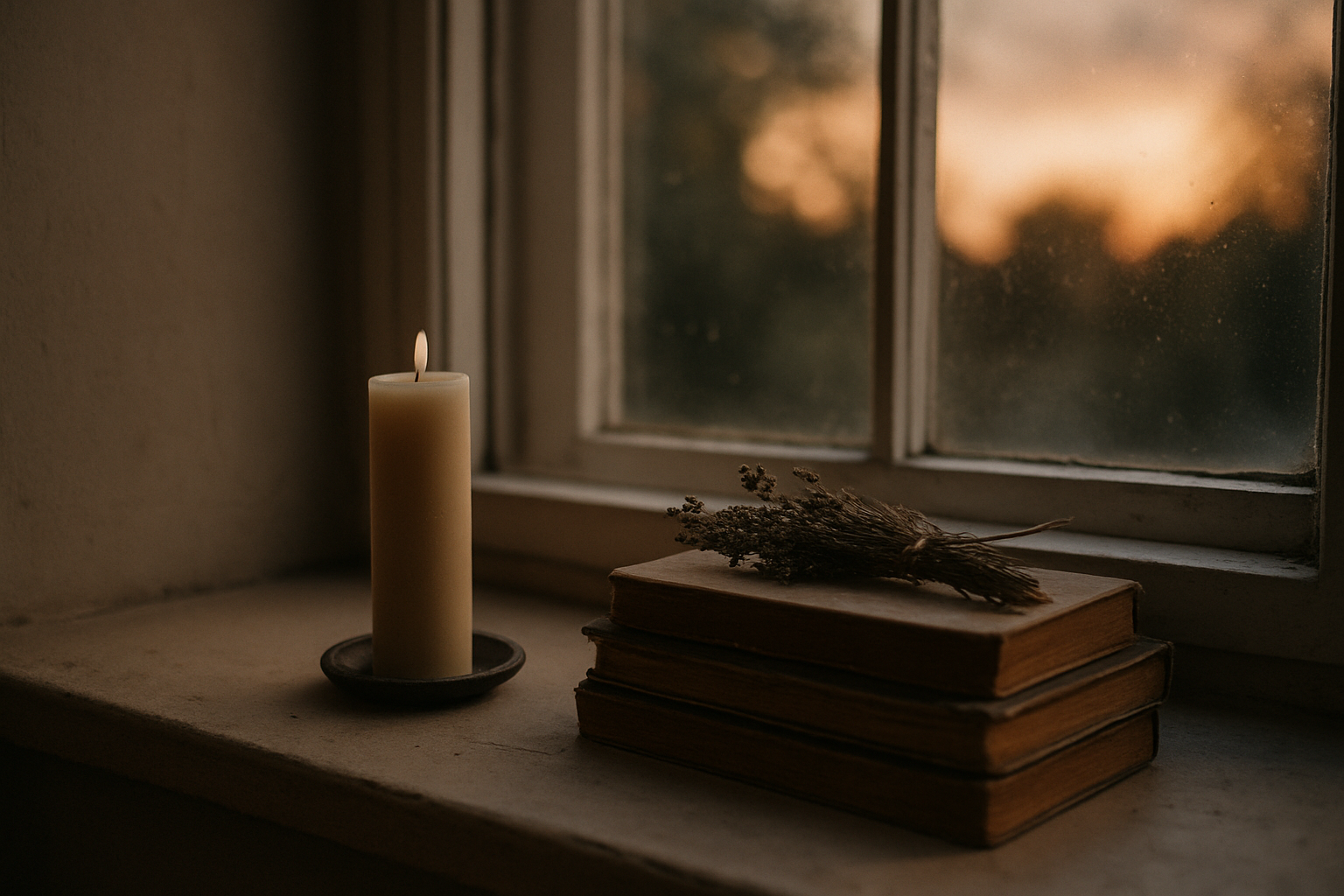 Stille vensterbank met kaars en boeken als symbool voor religieus vasten en bezinning