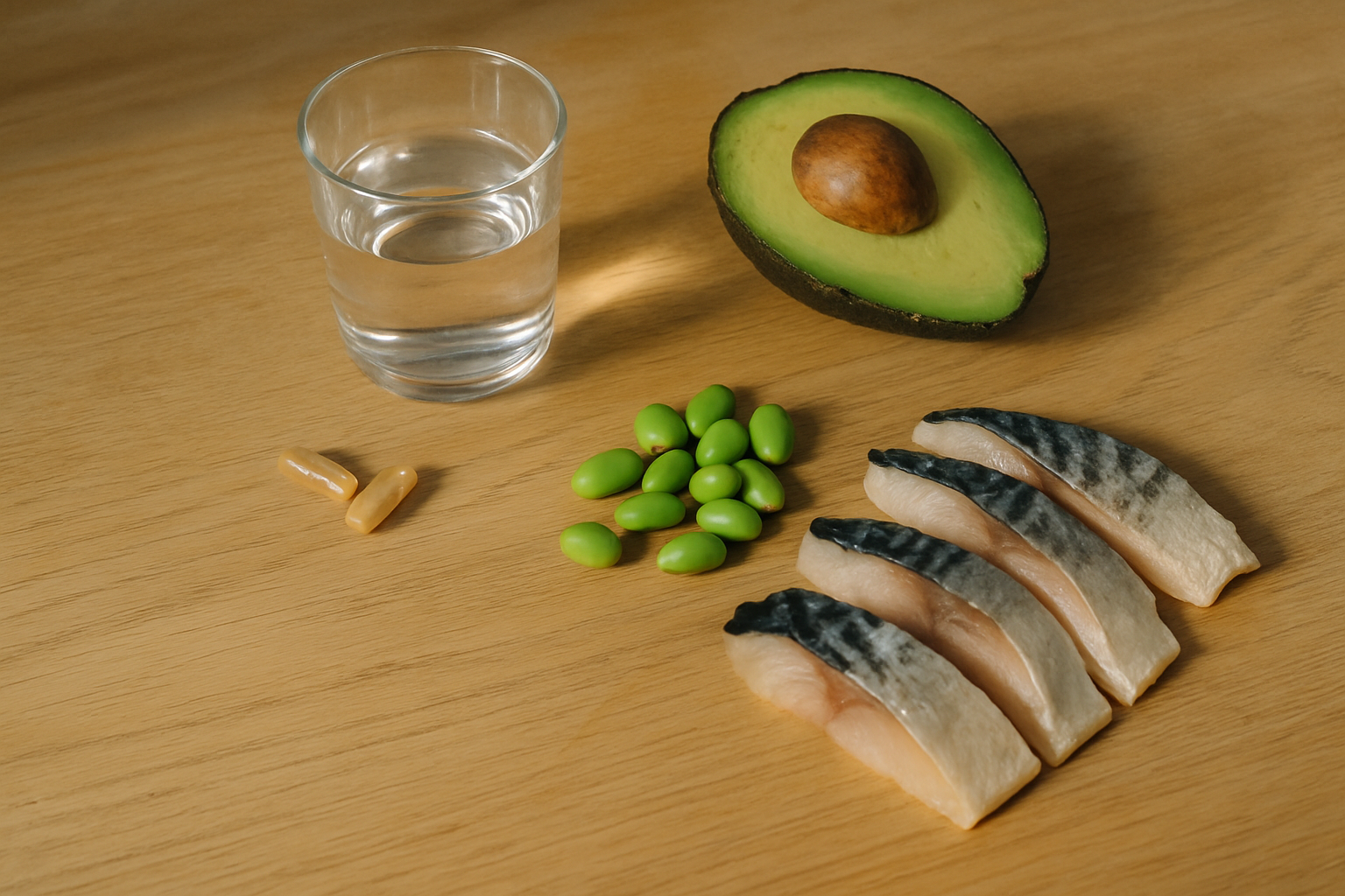 Supplementcapsules naast NAD⁺-rijke voeding zoals avocado en vis op aanrecht in ochtendlicht