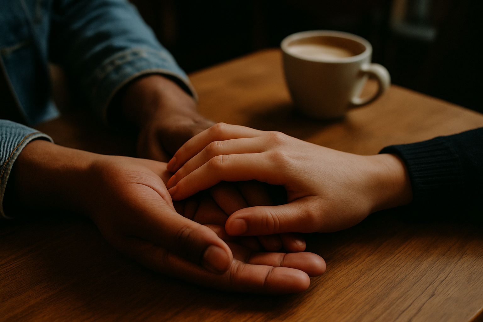 Twee mensen maken verbinding over een tafel — menselijk contact als kern van een rijk sociaal leven