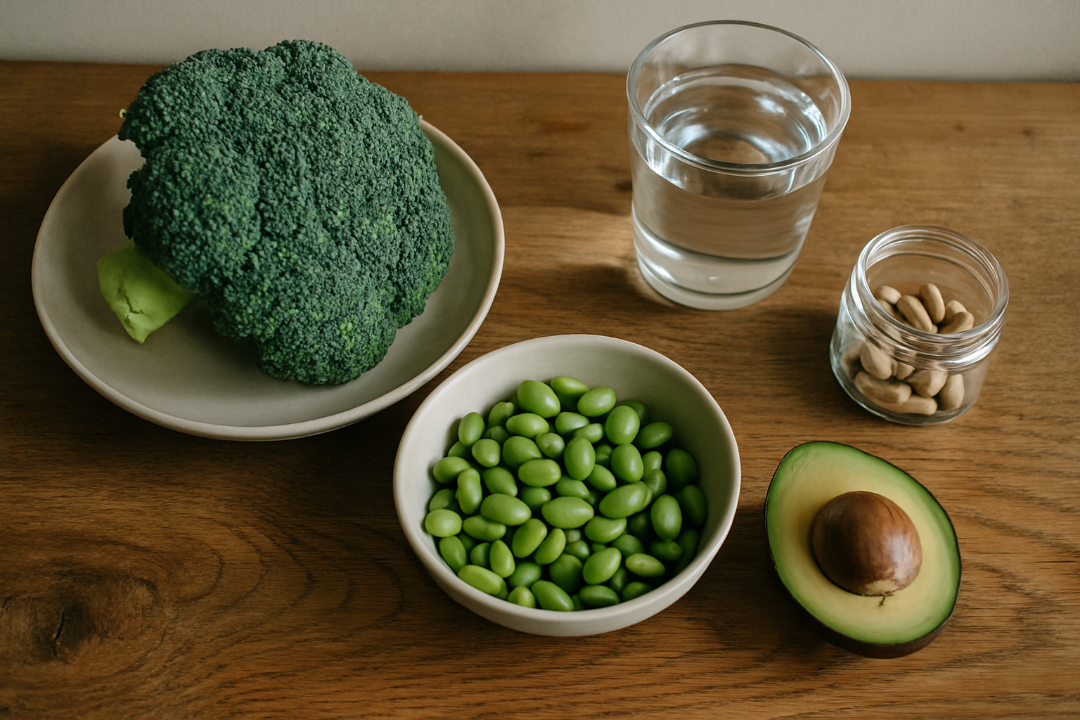 Voeding en supplementen om NAD+ niveaus te verhogen, waaronder broccoli, edamame en NMN capsules
