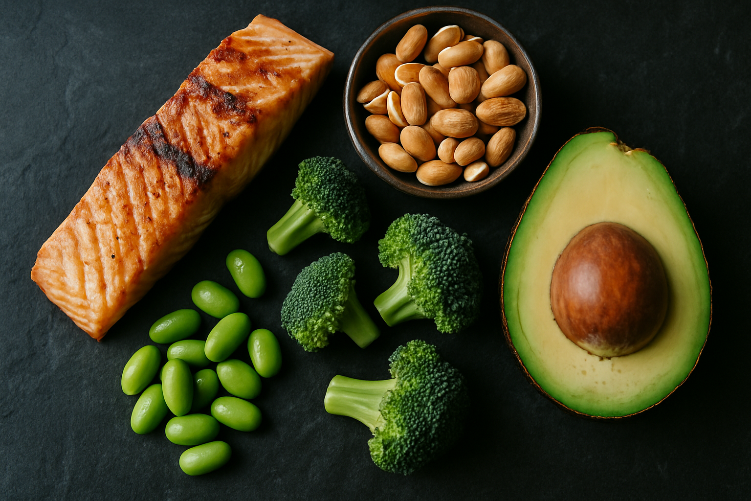 Voedingsmiddelen die NAD+ niveau verhogen zoals zalm, broccoli en edamame op leisteen