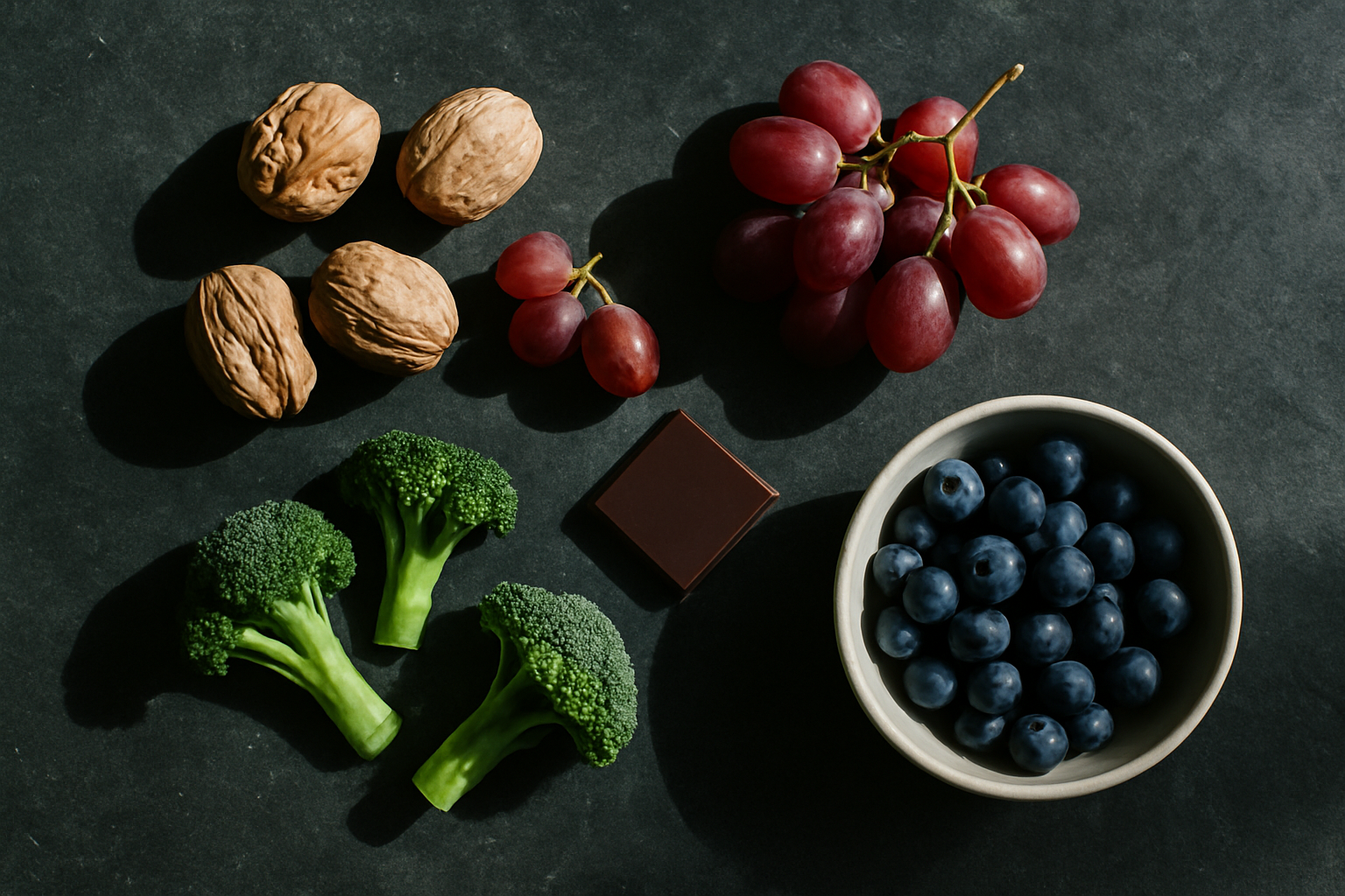 Voedingsmiddelen zoals walnoten, druiven en broccoli die sirtuïnes kunnen activeren via voeding