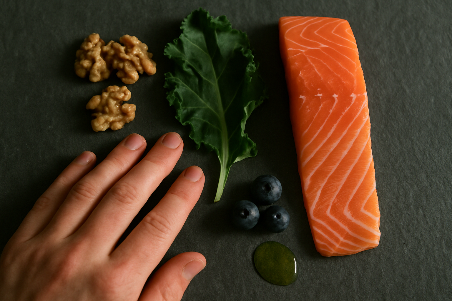 Voedingsrijke producten zoals noten, vis en bladgroenten als aanvulling op intermittent fasting voor longevity