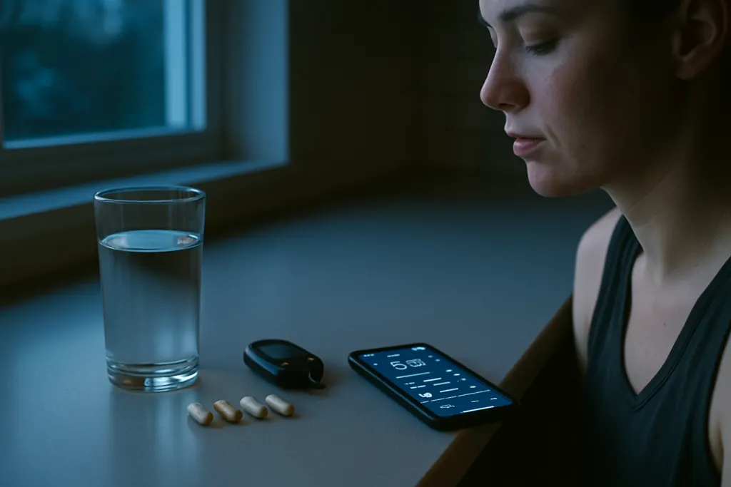 Vroege ochtendroutine met supplementen, water en gezondheidsmetingen op een keukenblad bij zonsopkomst