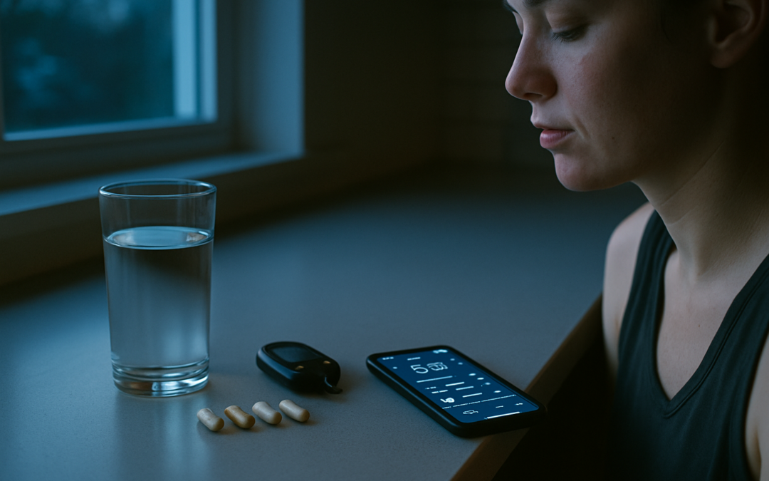 Vroege ochtendroutine met supplementen, water en gezondheidsmetingen op een keukenblad bij zonsopkomst