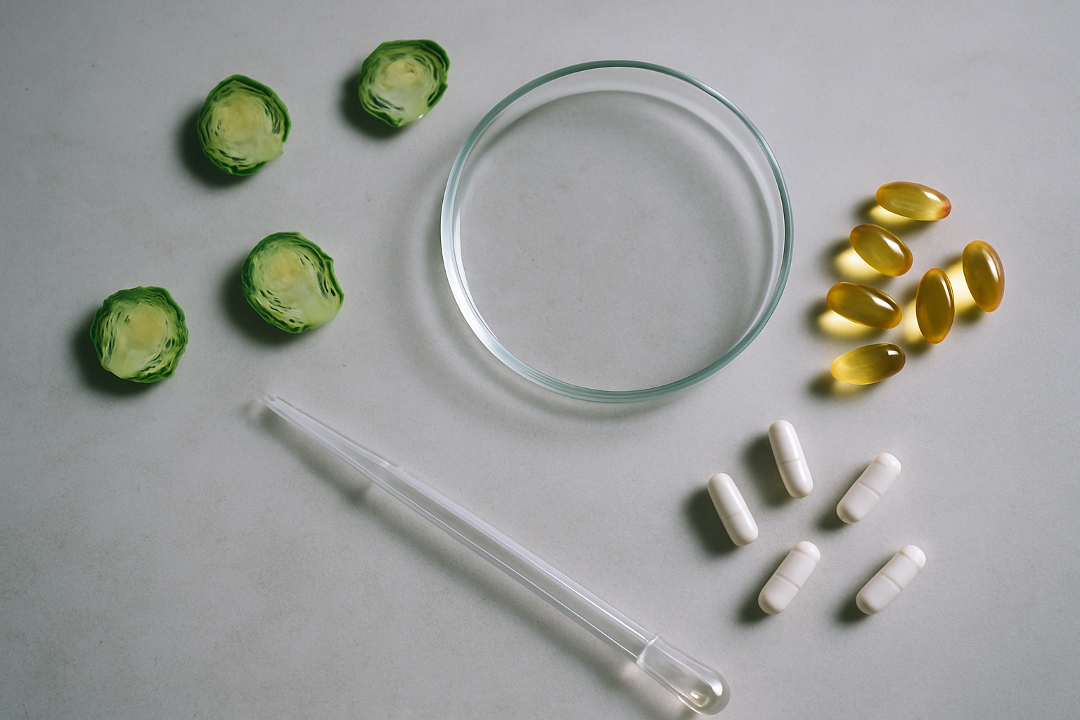 Wetenschappelijke weergave van voedingssupplementen en celverjonging met laboratoriumobjecten en ingrediënten