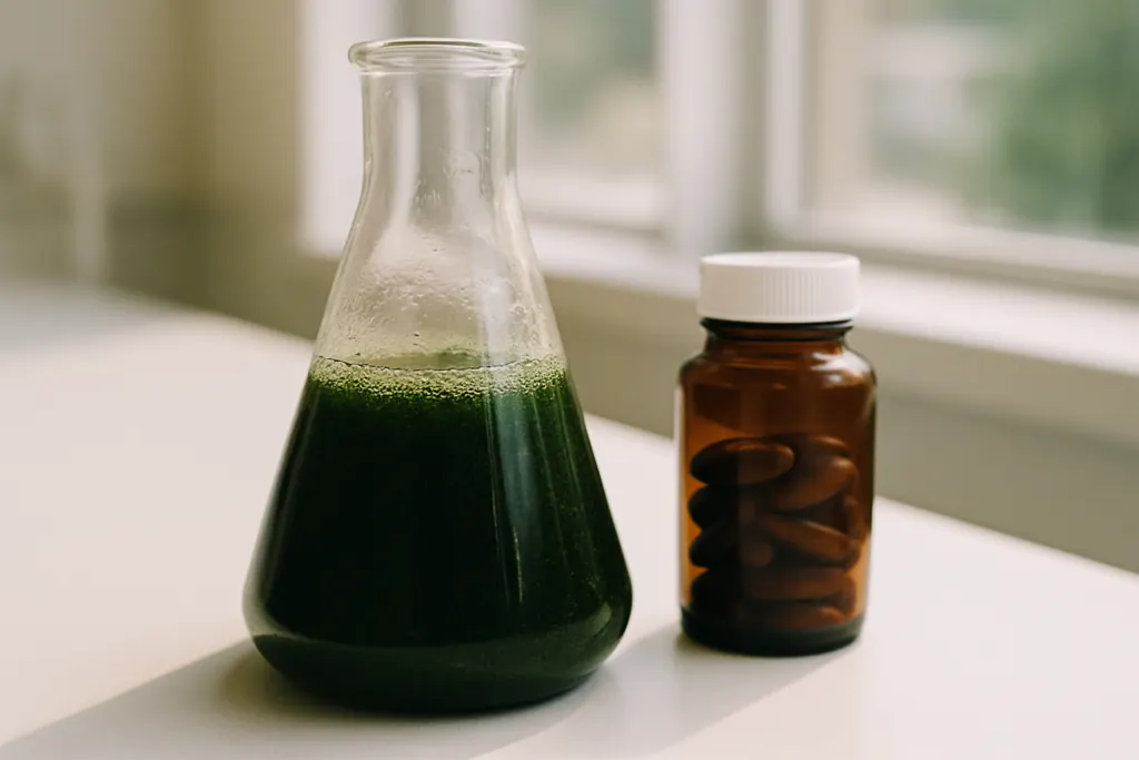 Algenolie omega 3 supplement naast microalgen in glazen kolf op witte ondergrond