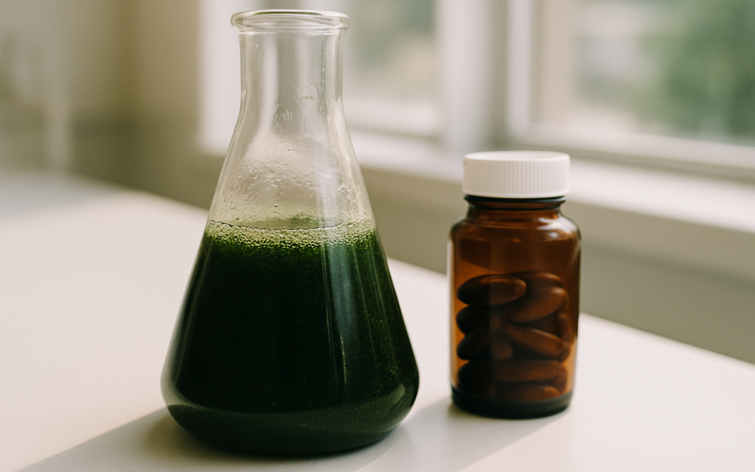Algenolie omega 3 supplement naast microalgen in glazen kolf op witte ondergrond