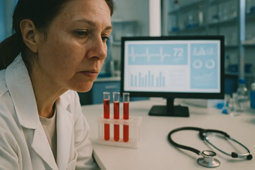 Biomarkers meten in een laboratorium: bloedbuisjes en gezondheidsdata op een scherm