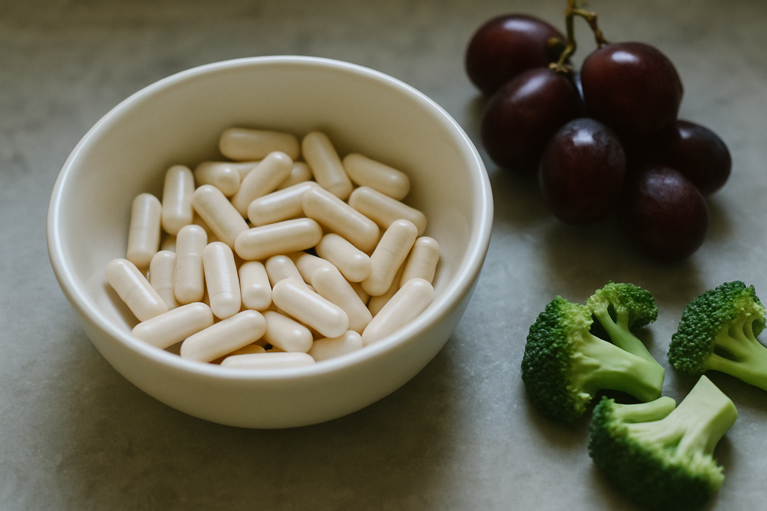 Capsules naast druiven en broccoli als natuurlijke bronnen van NMN en Resveratrol